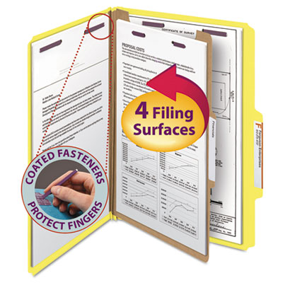Smead™ Four-Section Pressboard Classification Folders Yellow Legal, Four SafeSHIELD Fasteners, 1 Divider, 10/Box Flipcost Flipcost