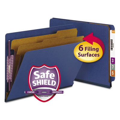 Smead™ End Tab Pressboard Classification Folders, Six SafeSHIELD Fasteners, 2" Expansion, 2 Dividers, Letter Size, Dark Blue, 10/Box Flipcost Flipcost