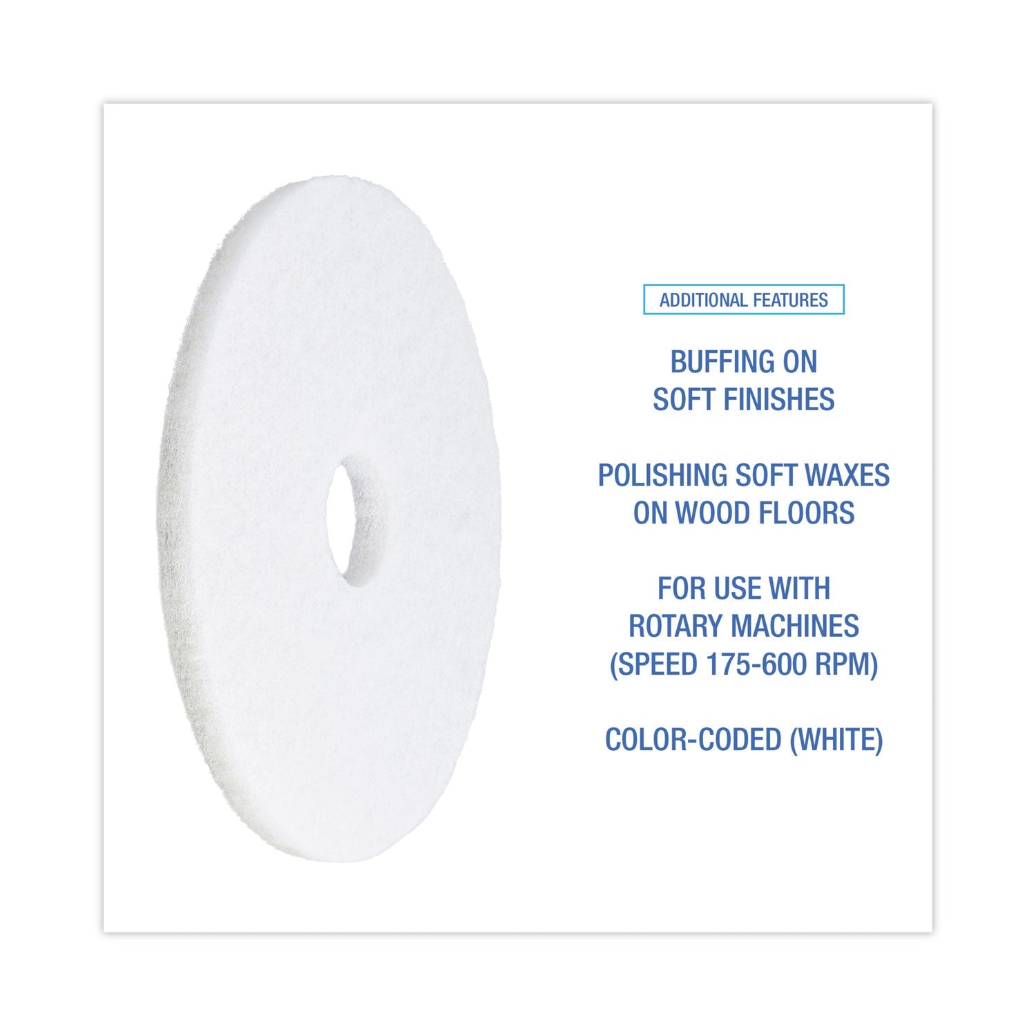 Boardwalk® Polishing Floor Pads, 16" Diameter, White, 5/carton