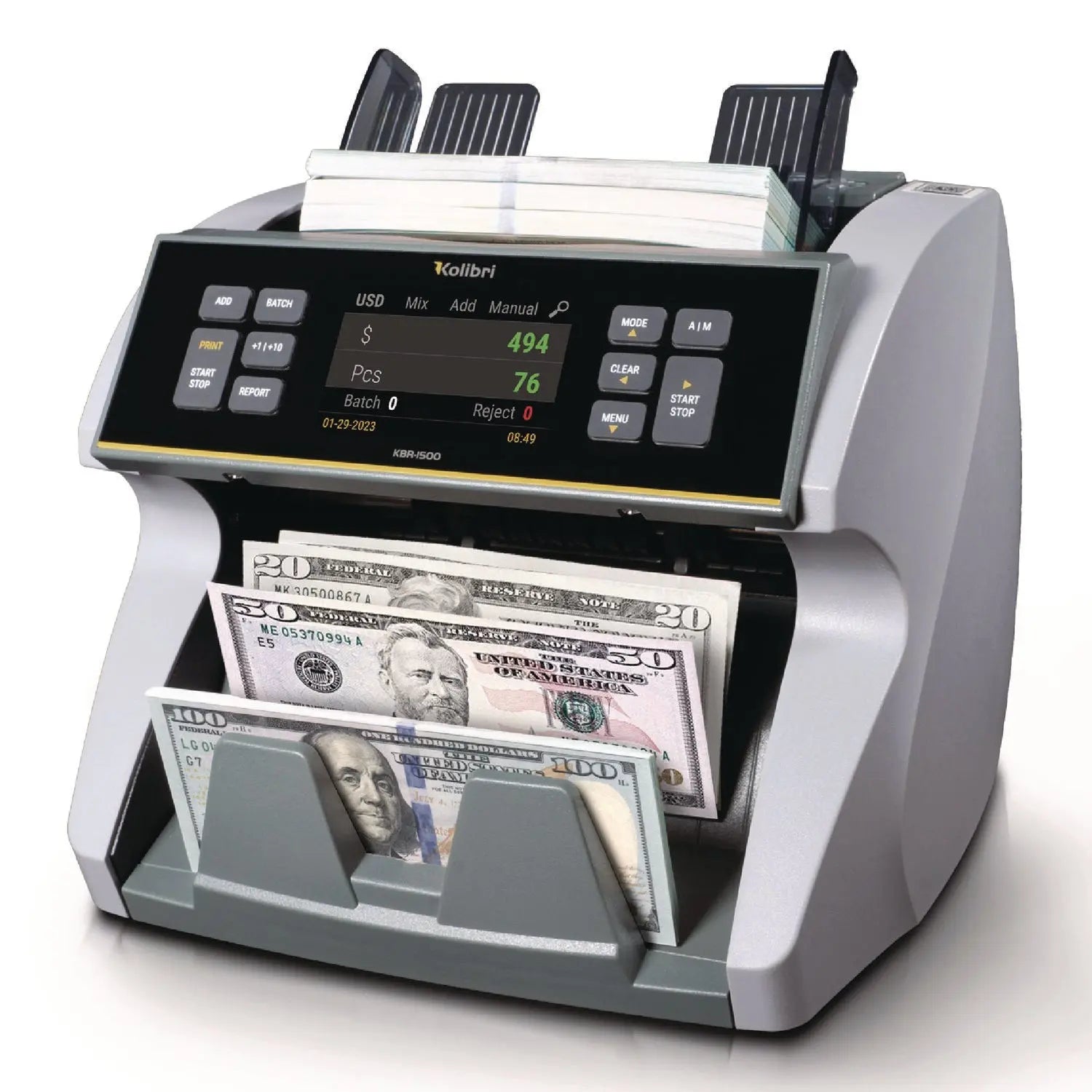 KBR1500V2 Mixed Denomination Cash Counter, 1,200 Bills/min, 9.5 x 11 x 10.4, Gray