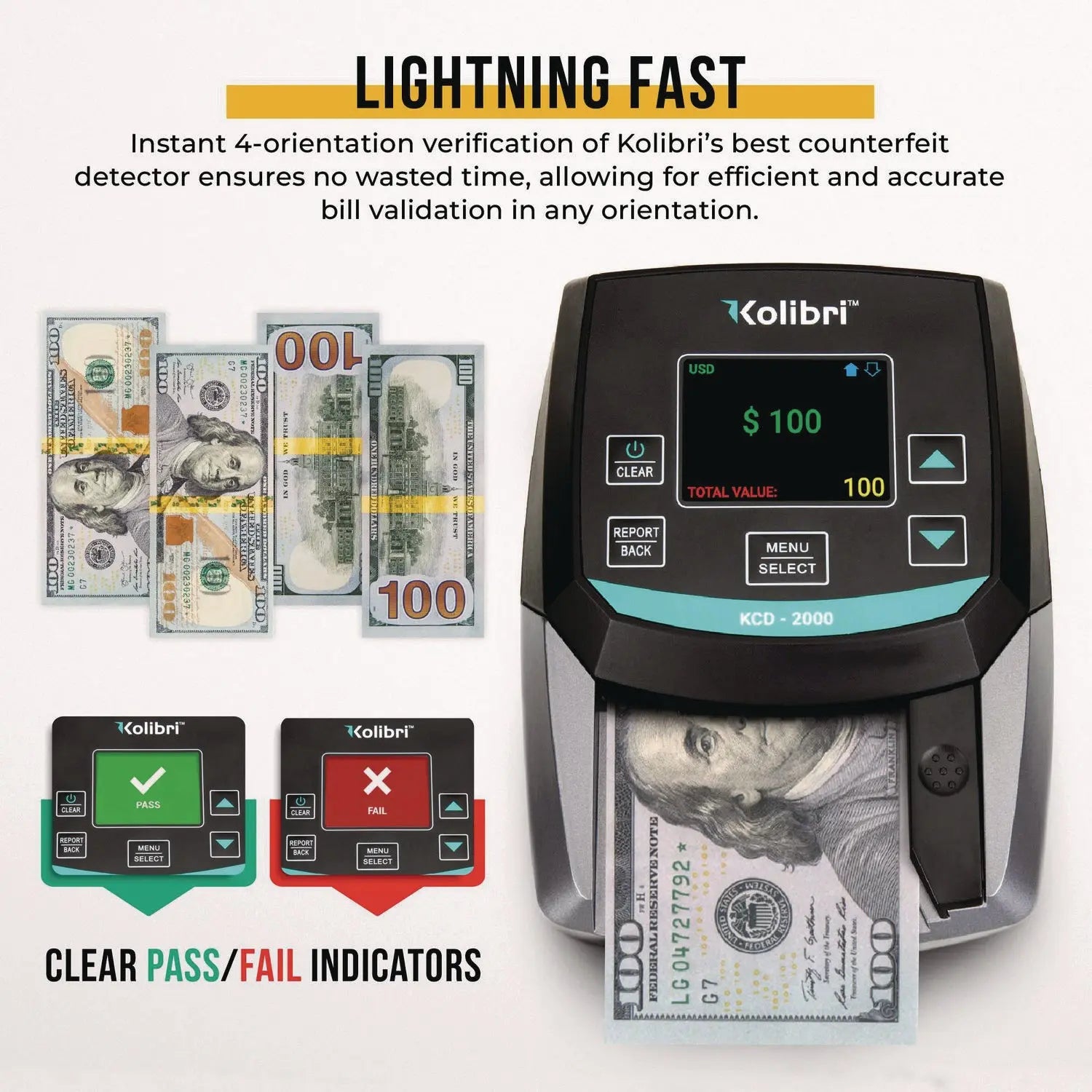 KCD-2000 Counterfeit Detector, IR Detector; Magnetic Strip Detection; UV Light, U.S. Currency, 5 x 6 x 5, Black/Gray Kolibri Flipcost