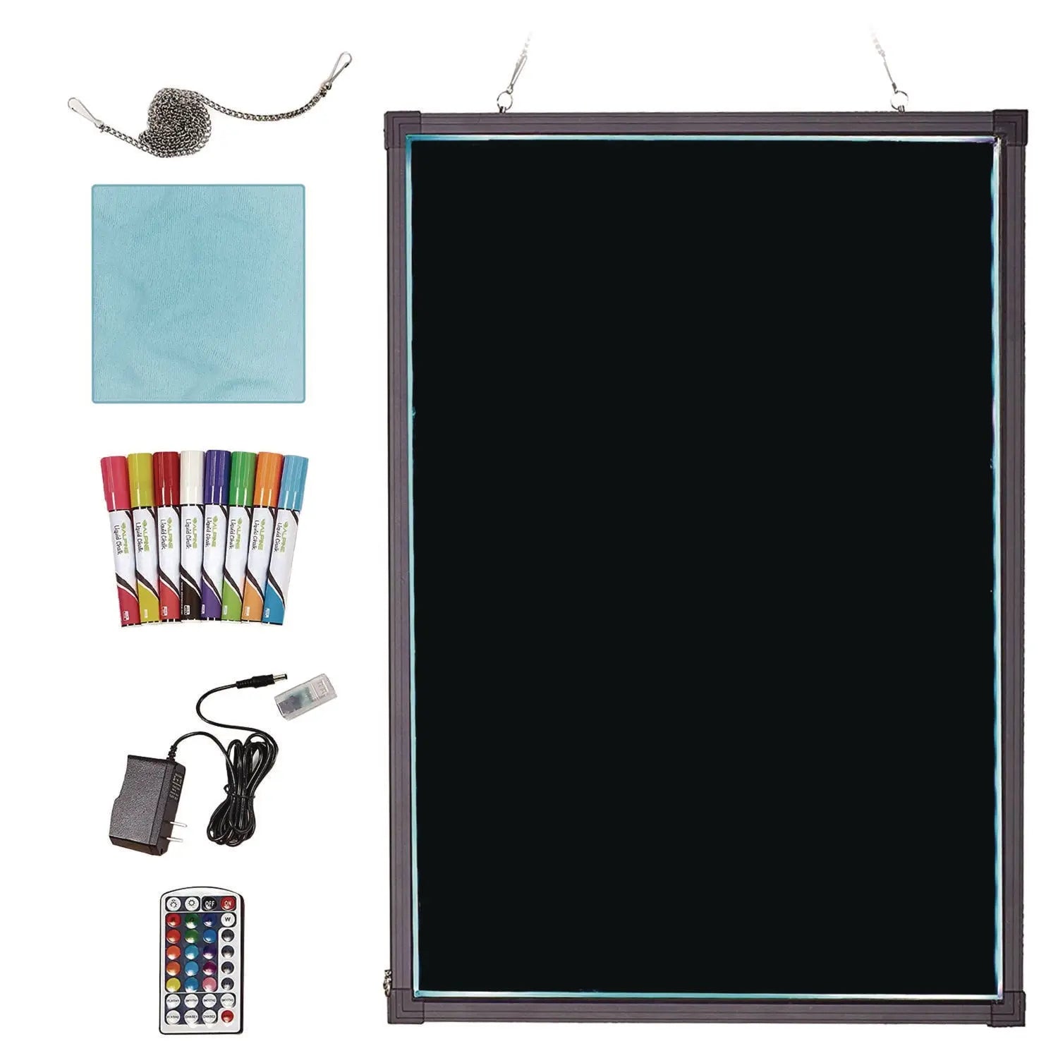 LED Illuminated Hanging Message Writing Board, 23.6" x 31.5", Black Surface, Black Aluminum Frame Alpine Industries Flipcost