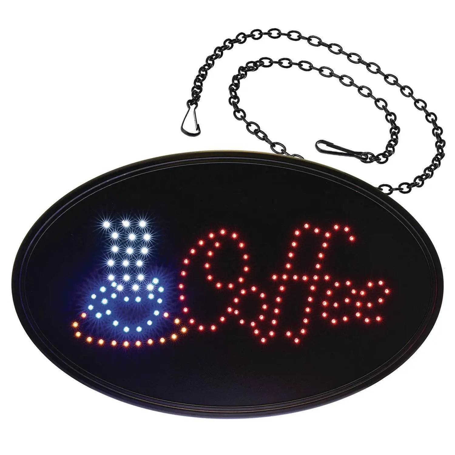 LED Oval Coffee Sign, 23 x 14, Black Frame, Blue/Red Graphics