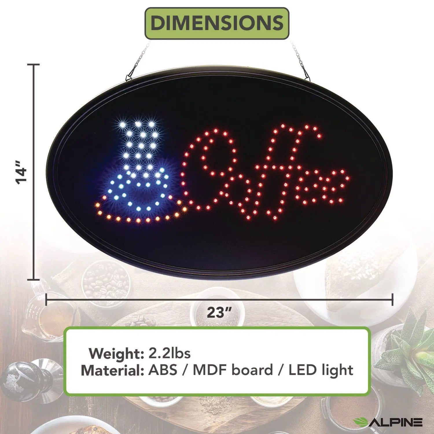 LED Oval Coffee Sign, 23 x 14, Black Frame, Blue/Red Graphics Alpine Industries Flipcost