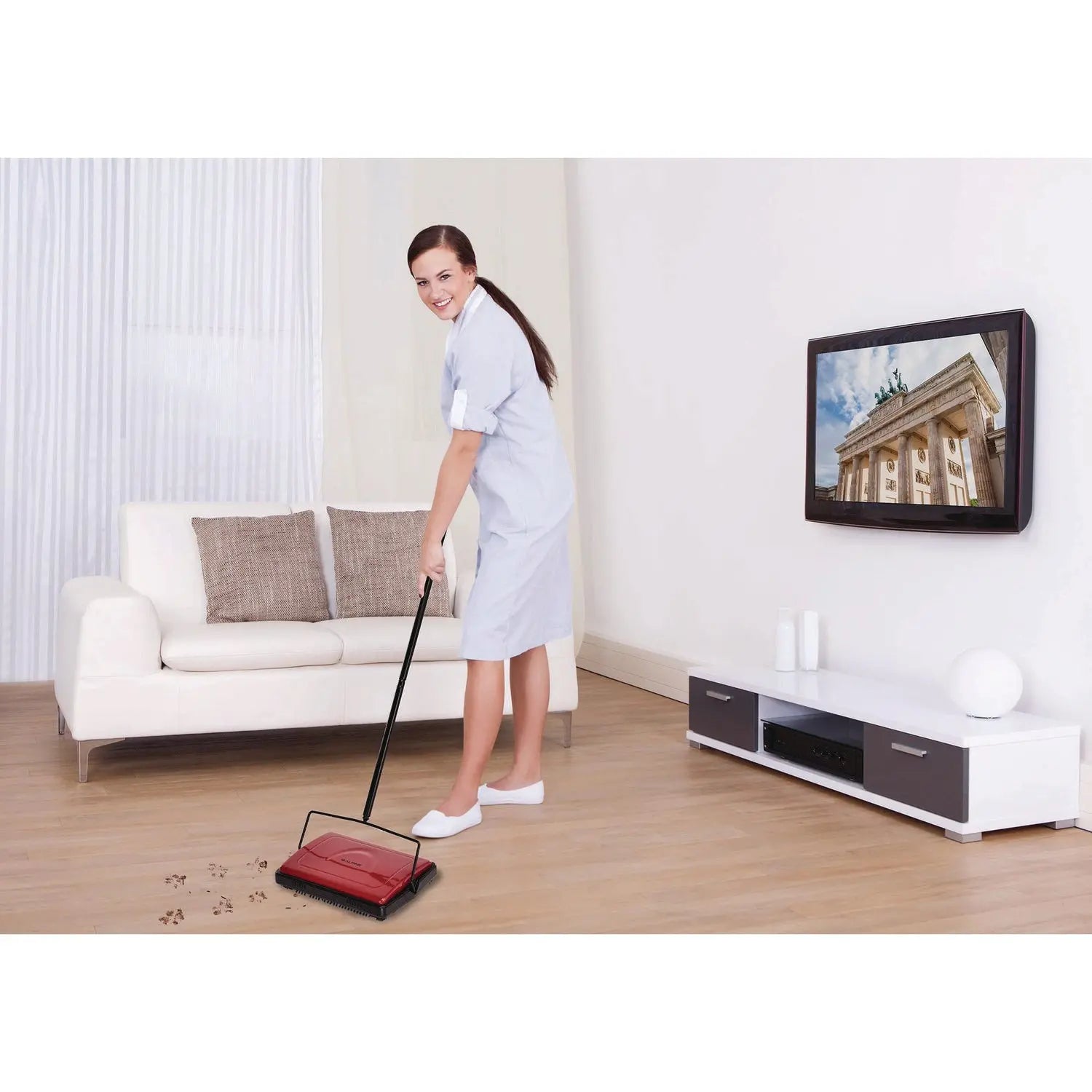 Manual Triple Brush Carpet and Floor Sweeper, 42.5" Handle, Red Alpine Industries Flipcost