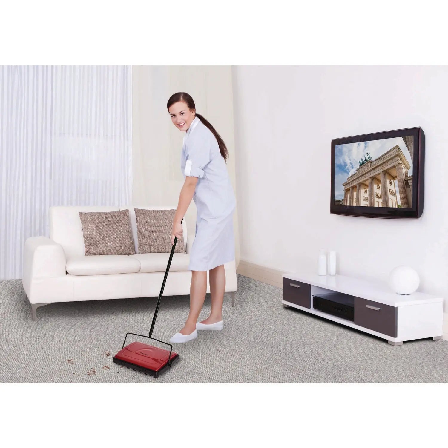 Manual Triple Brush Carpet and Floor Sweeper, 42.5" Handle, Red Alpine Industries Flipcost