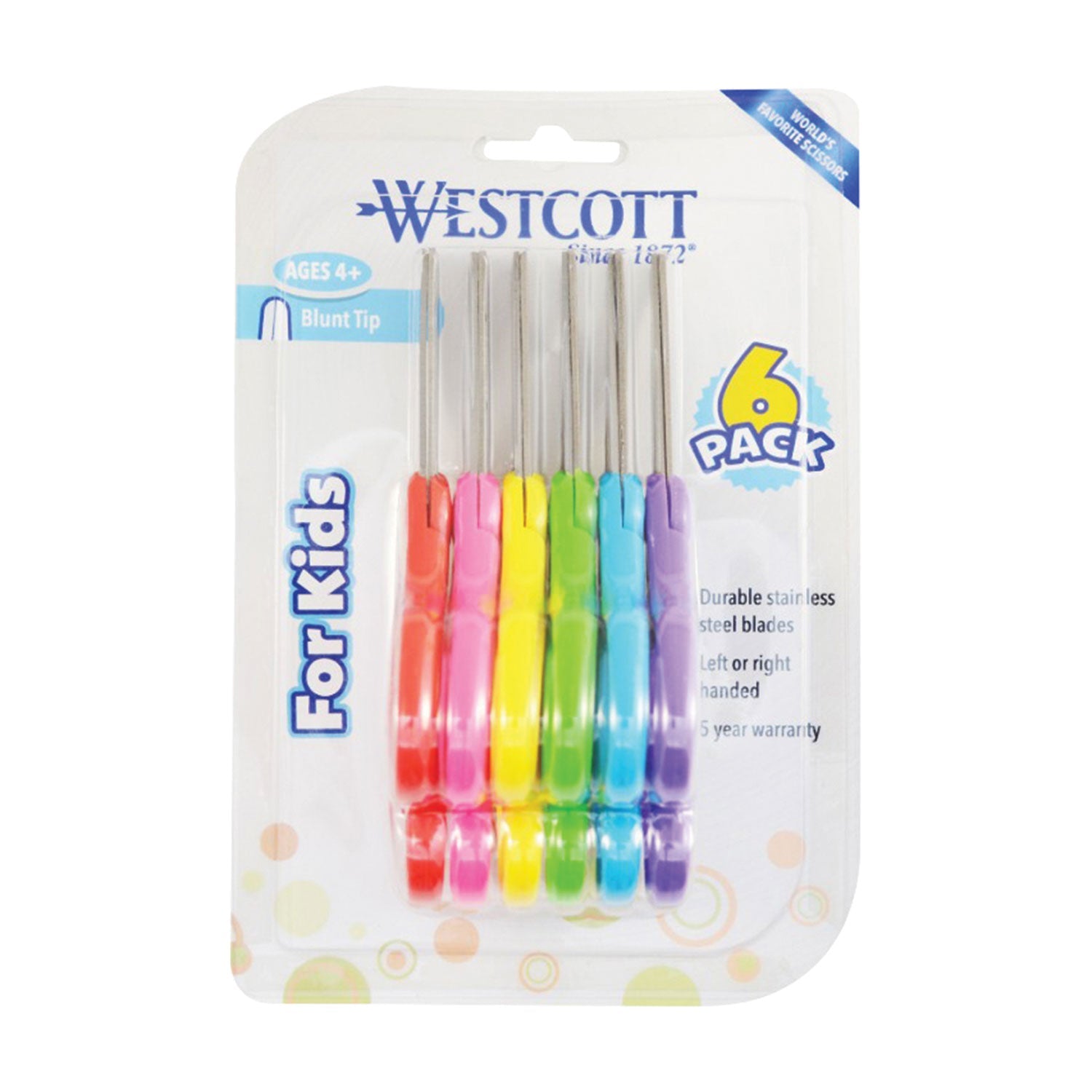 Westcott® For Kids Scissors, Rounded Tip, 5" Long, 1.75" Cut Length, Straight Assorted Color Handles, 6/Pack