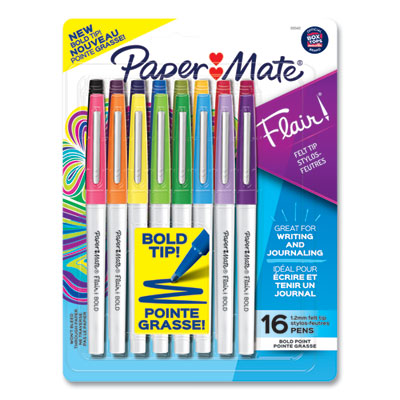 Paper Mate® Flair Felt Tip Porous Point Pen, Stick, Bold 1.2 mm, Assorted Ink Colors, White Pearl Barrel, 16/Pack Flipcost Flipcost