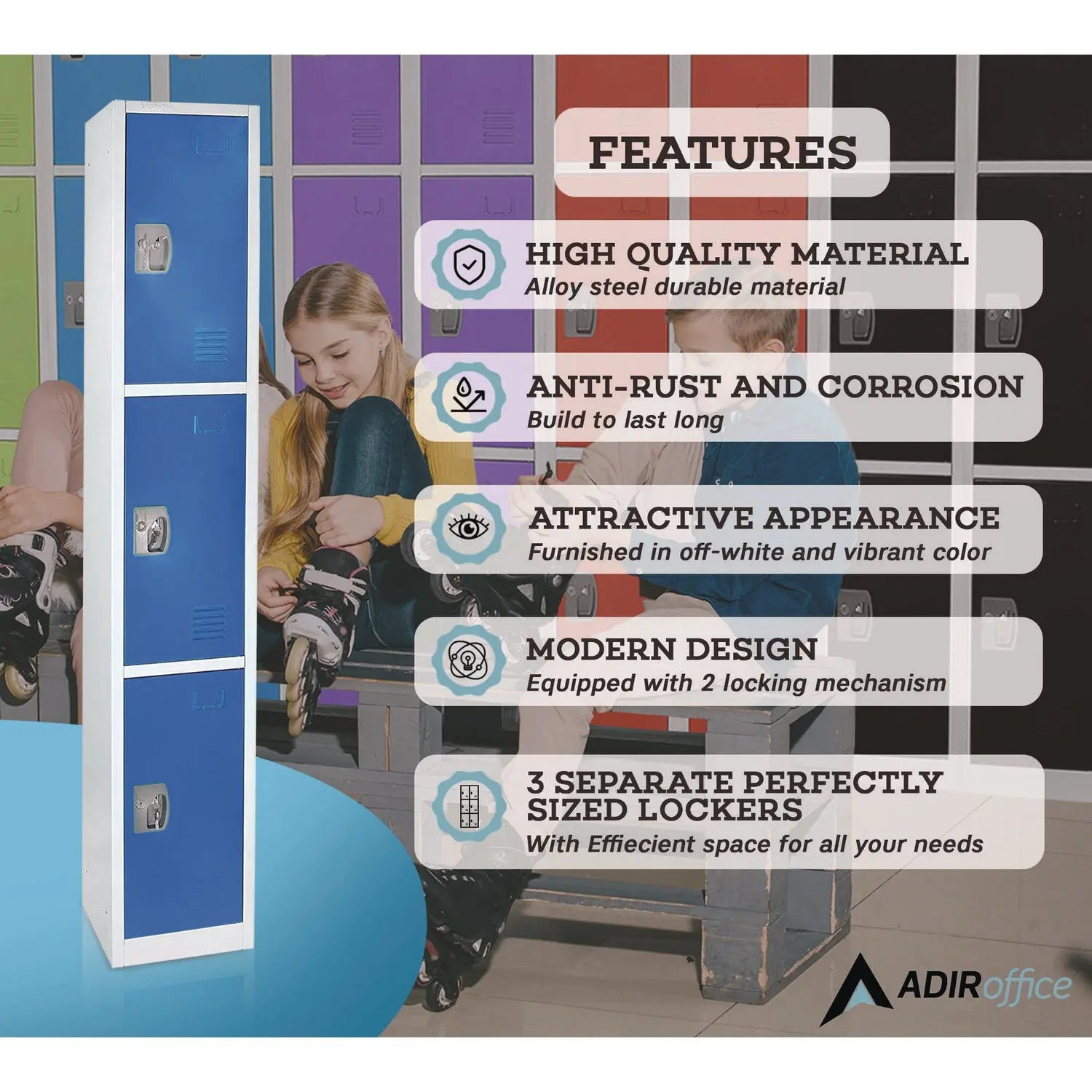 Steel Storage Locker, 3 Compartment, 12 x 12 x 72, Blue AdirOffice Flipcost