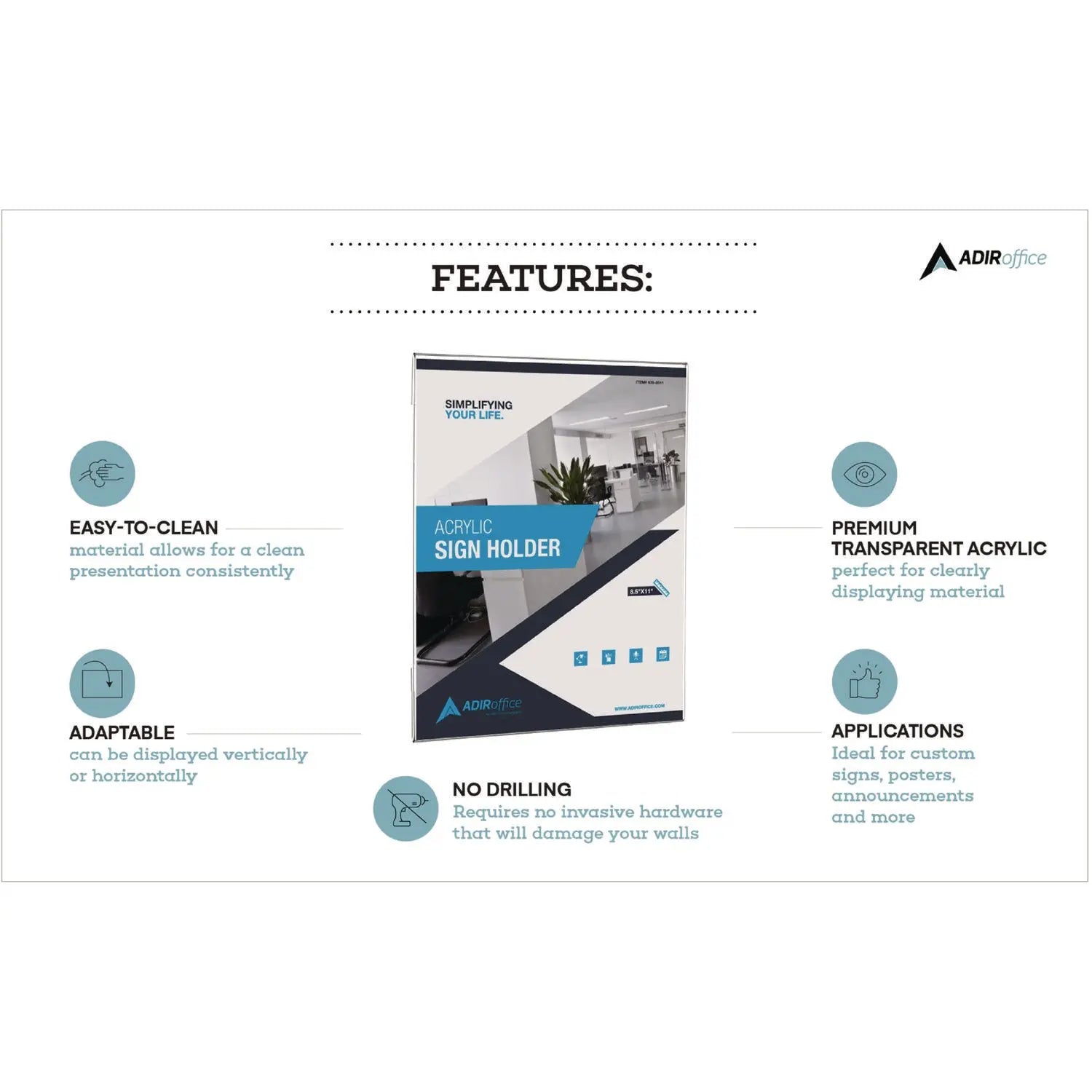 Wall Mount Side-Loading Acrylic Sign Holders, 8 x 11, Clear Frame, 6/Pack AdirOffice Flipcost