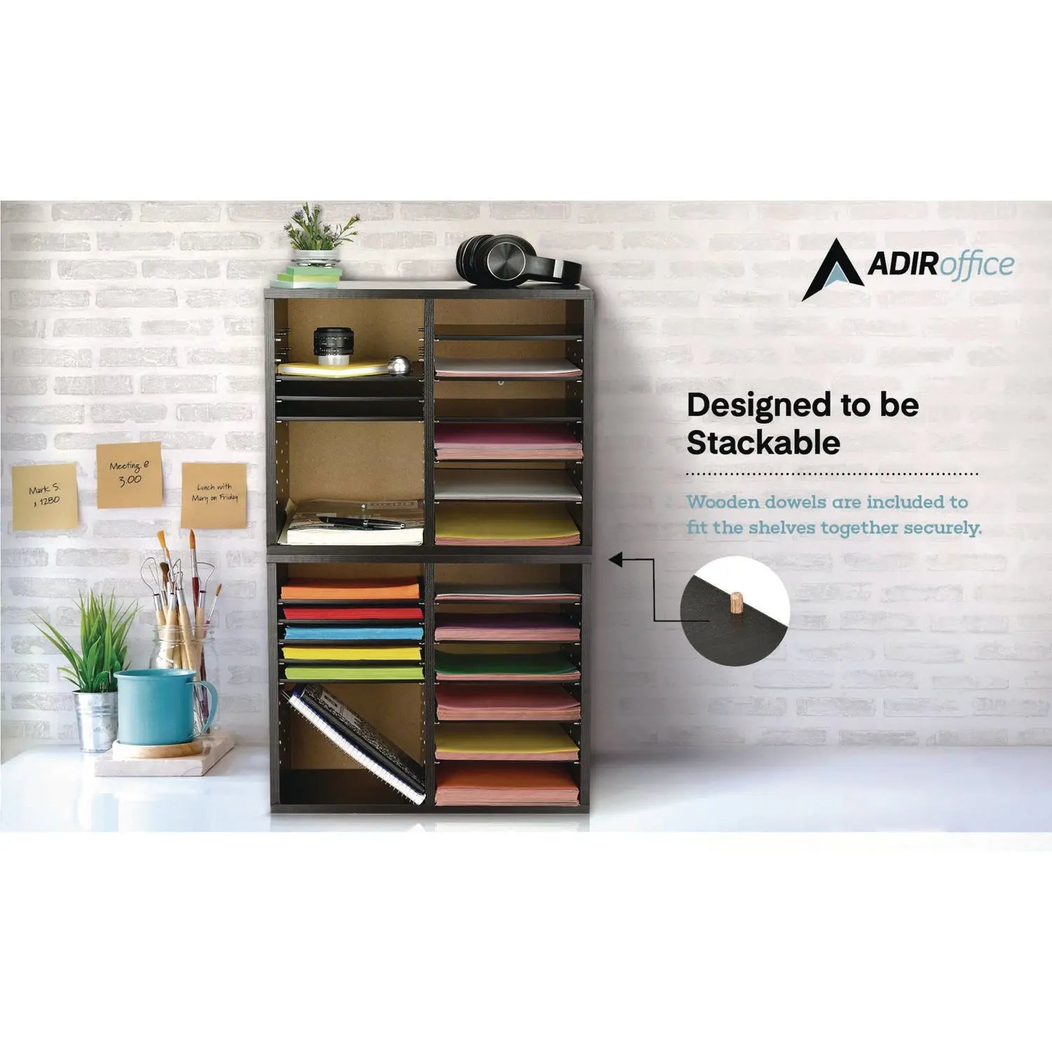 Wood Adjustable 12 Compartment Literature Organizer, 12 Sections, Letter Size, 20 x 11.8 x 16.3, Black AdirOffice Flipcost