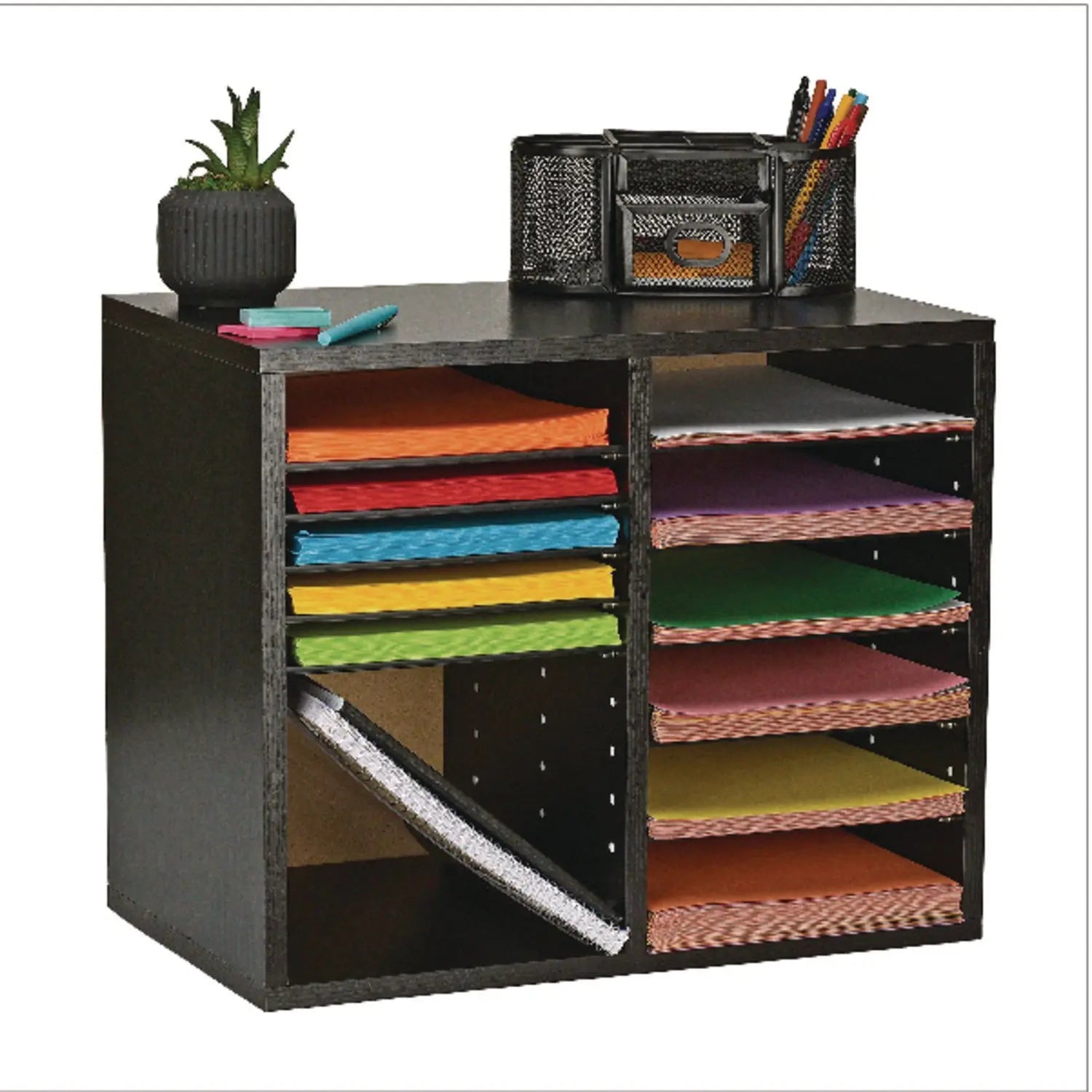 Wood Adjustable 12 Compartment Literature Organizer, 12 Sections, Letter Size, 20 x 11.8 x 16.3, Black AdirOffice Flipcost