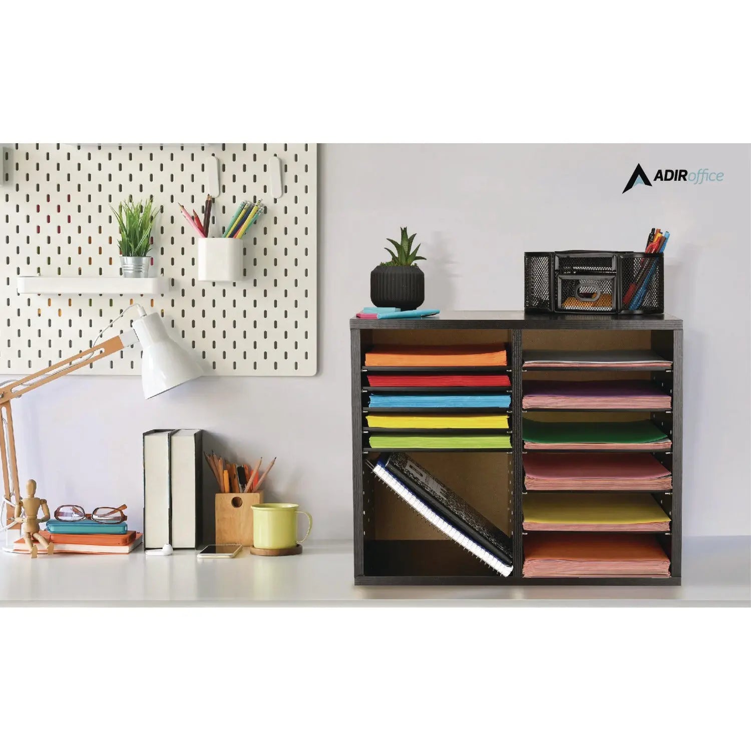 Wood Adjustable 12 Compartment Literature Organizer, 12 Sections, Letter Size, 20 x 11.8 x 16.3, Black AdirOffice Flipcost