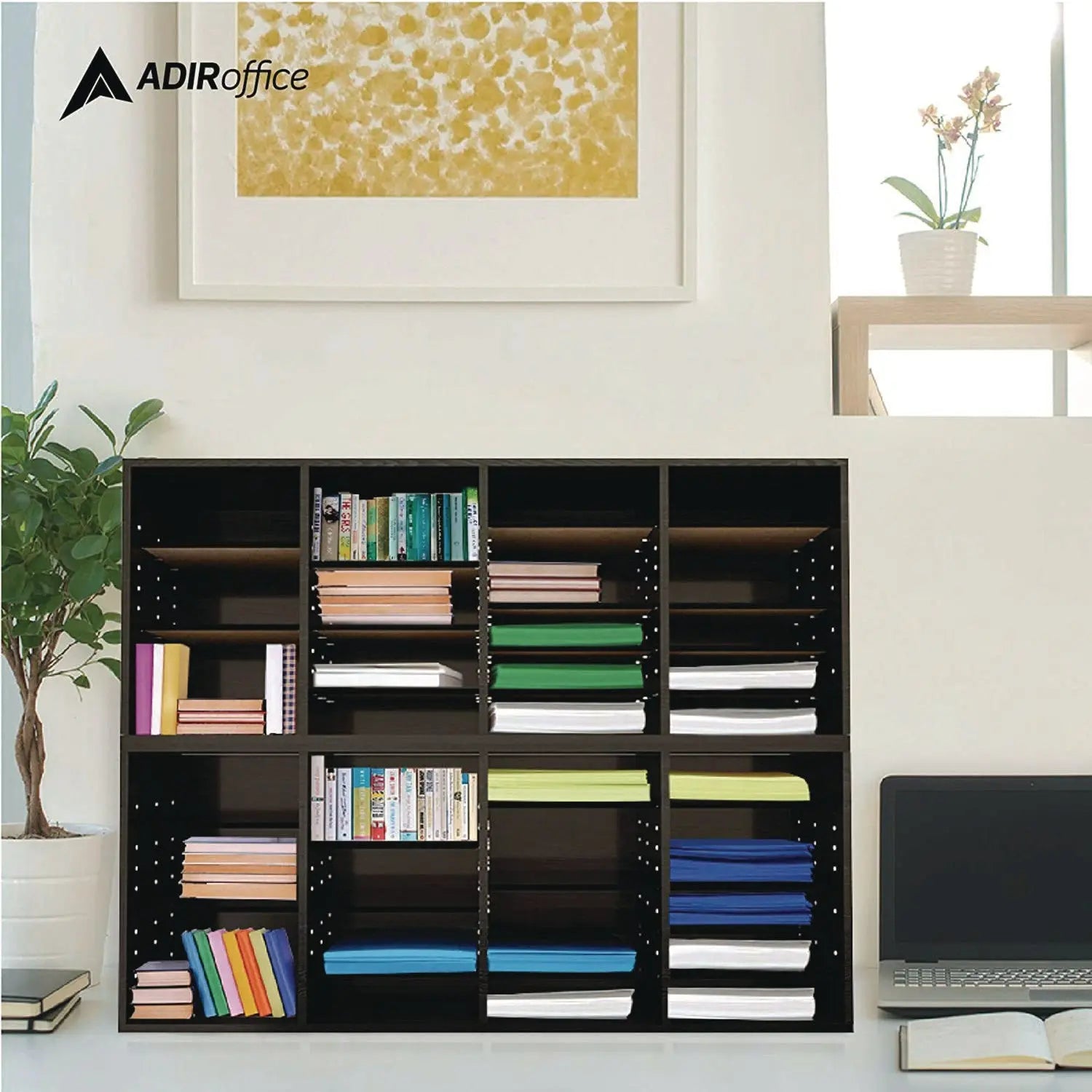 Wood Adjustable 24 Compartment Literature Organizer, 24 Sections, Letter Size, 39.3 x 11.8 x 16.3, Black AdirOffice Flipcost