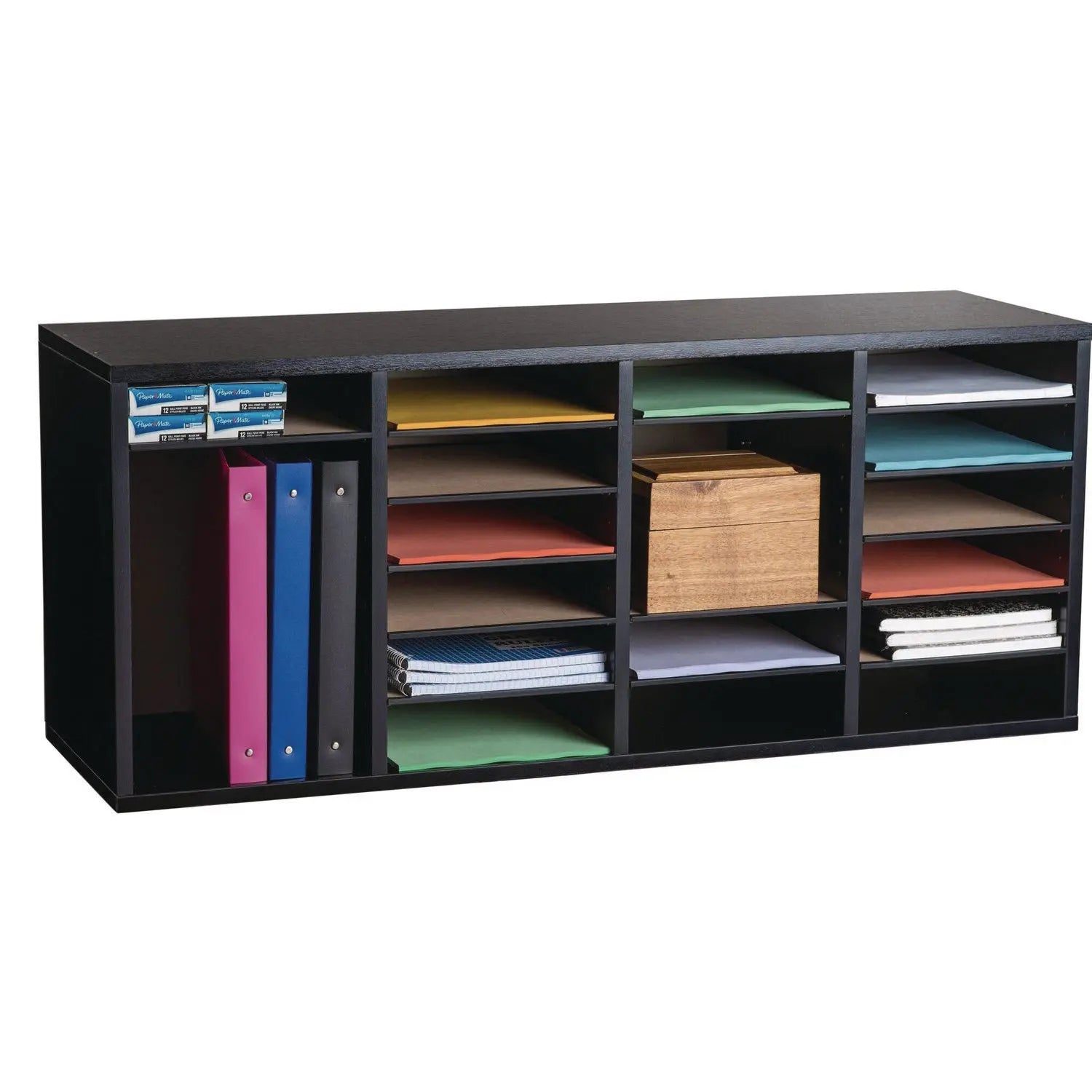 Wood Adjustable 24 Compartment Literature Organizer, 24 Sections, Letter Size, 39.3 x 11.8 x 16.3, Black AdirOffice Flipcost