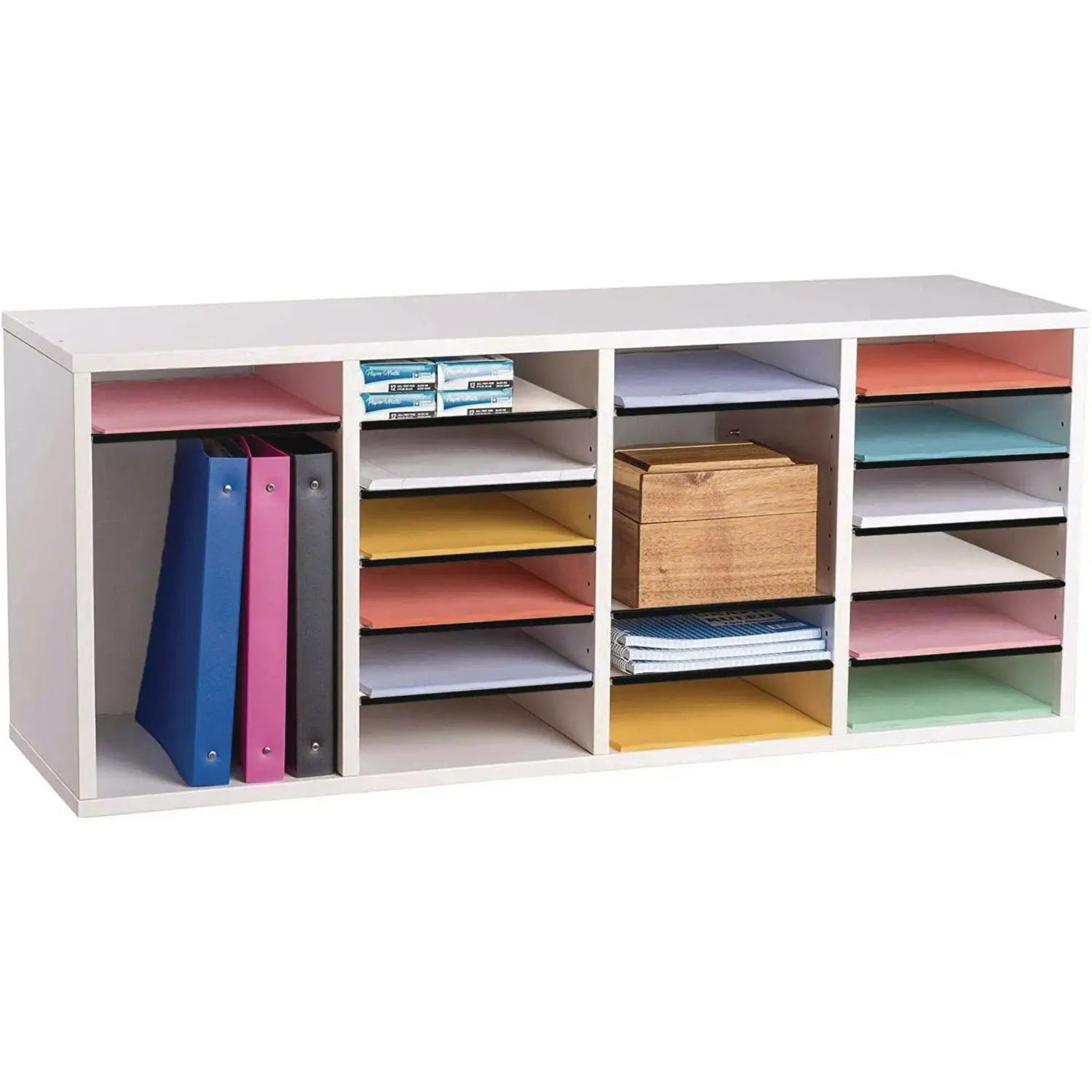 Wood Adjustable 24 Compartment Literature Organizer, 24 Sections, Letter Size, 39.3 x 11.8 x 16.3, White AdirOffice Flipcost