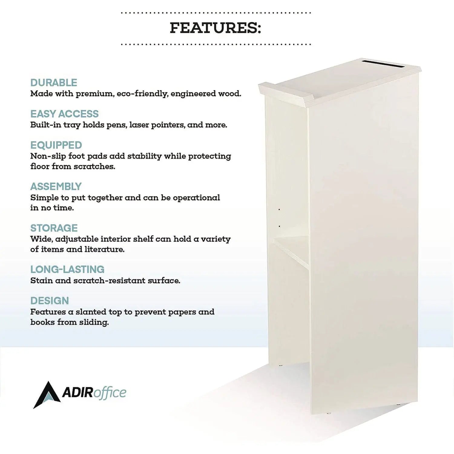 Wood Stand-up Podium Lectern Speaker Stand, 23 x 15 x 45.8, White AdirOffice Flipcost